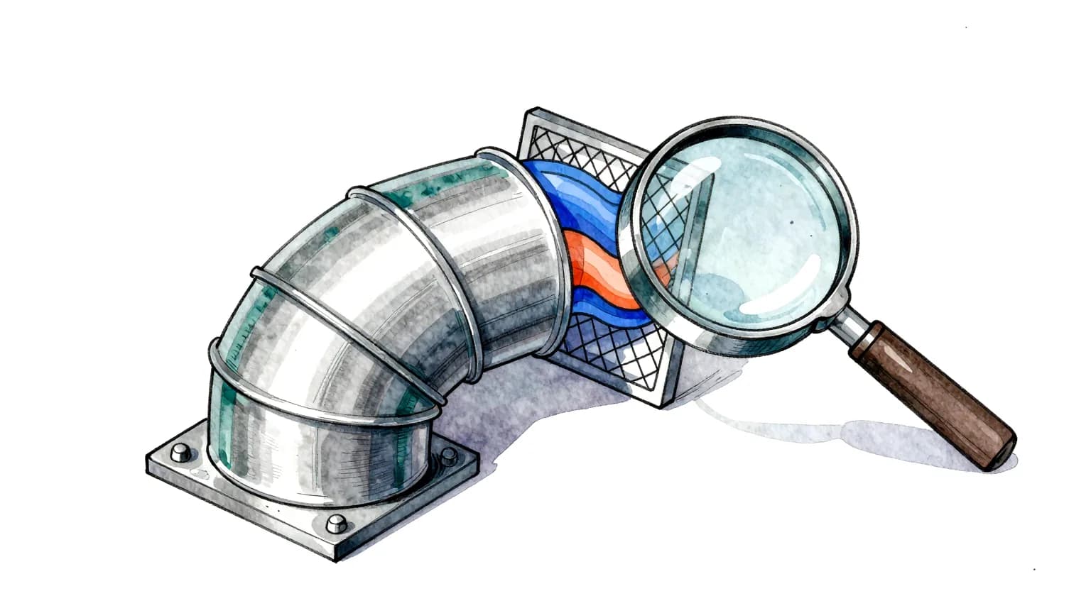 Sketch of a duct elbow with airflow ribbons, and a magnifying glass showing the fine mesh on its wall