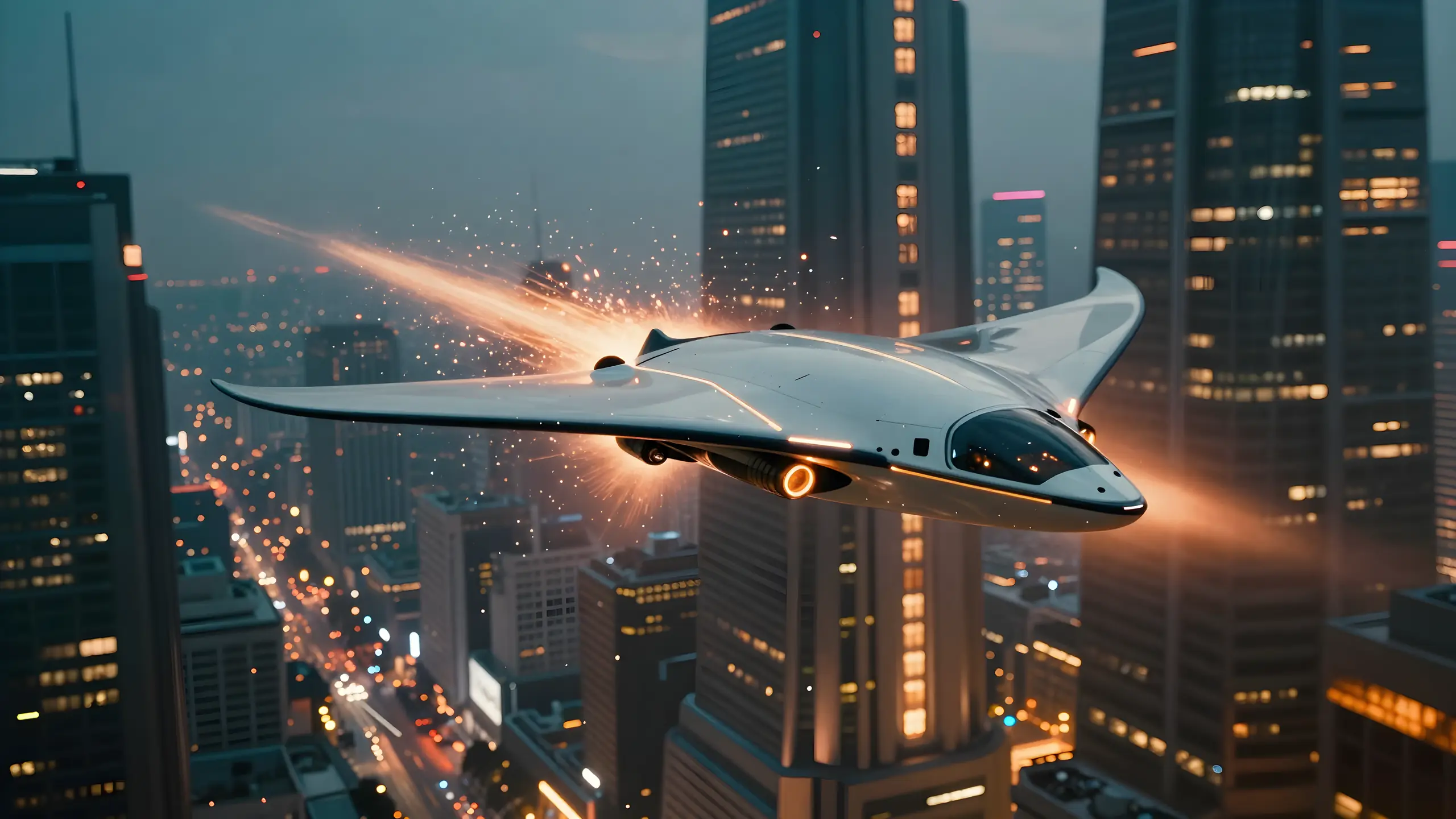 A pearl-white, manta-shaped craft banking between night-lit skyscrapers at dusk, trailing sparks and light streaks