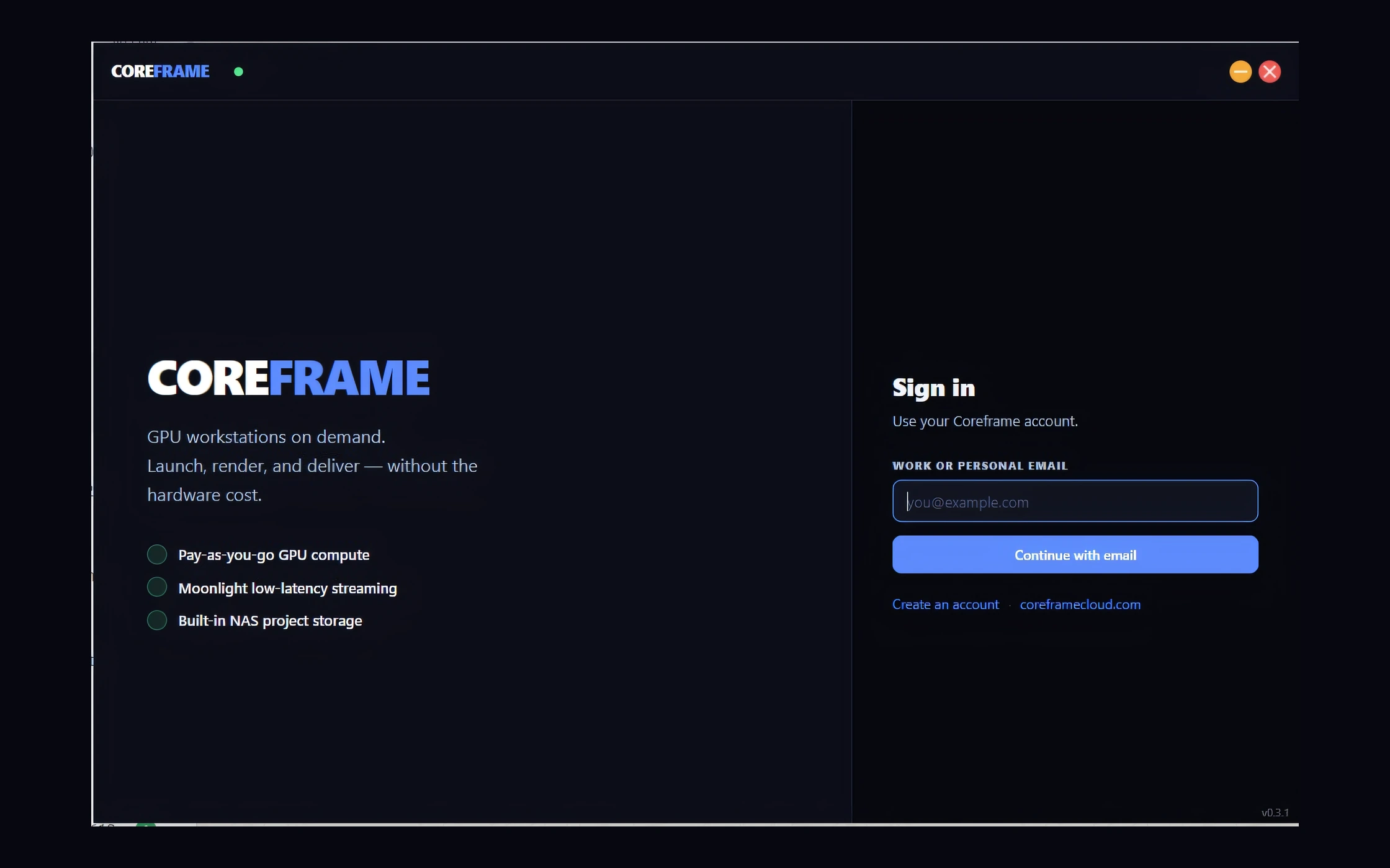 The Coreframe Connect sign-in screen