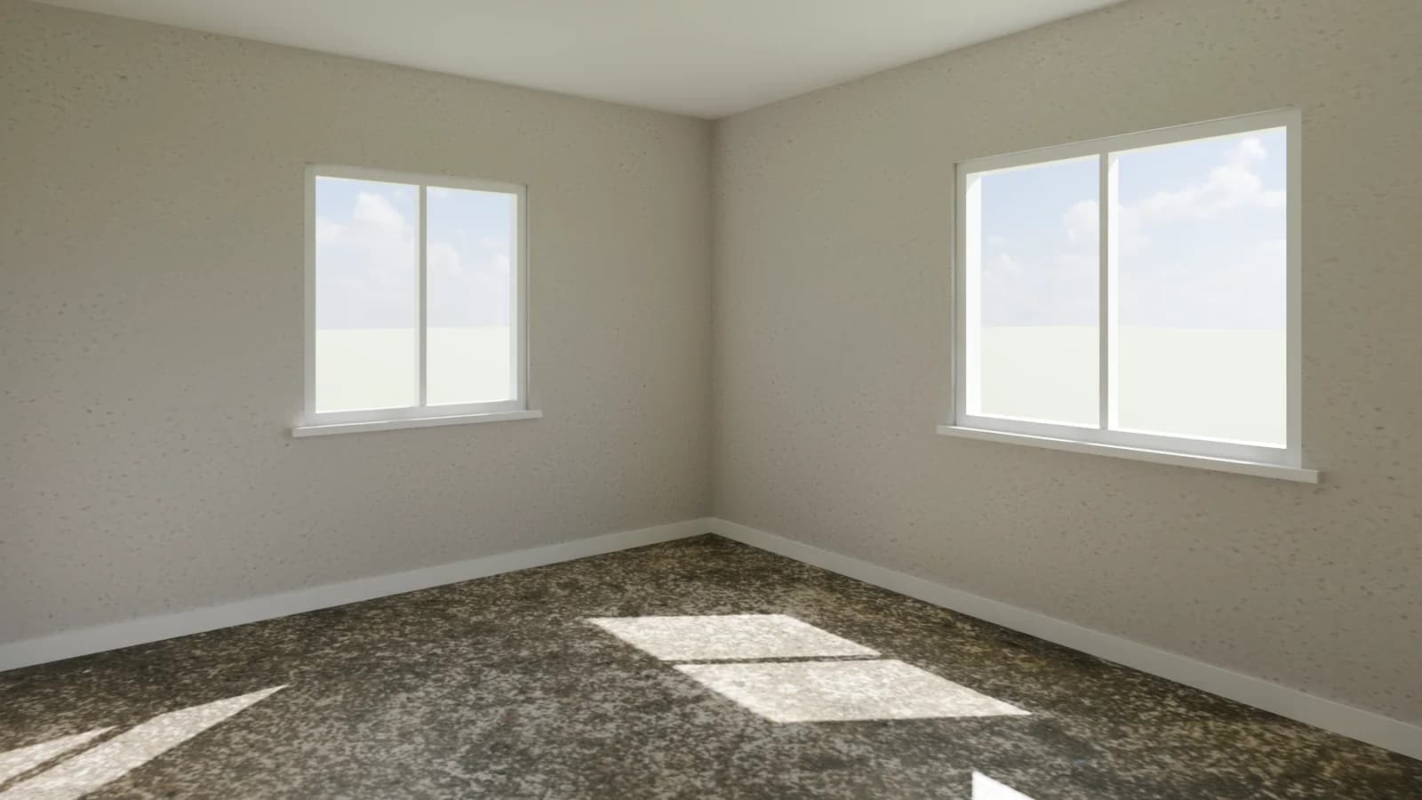 A room shell ray-traced from the drawing: walls, windows, light