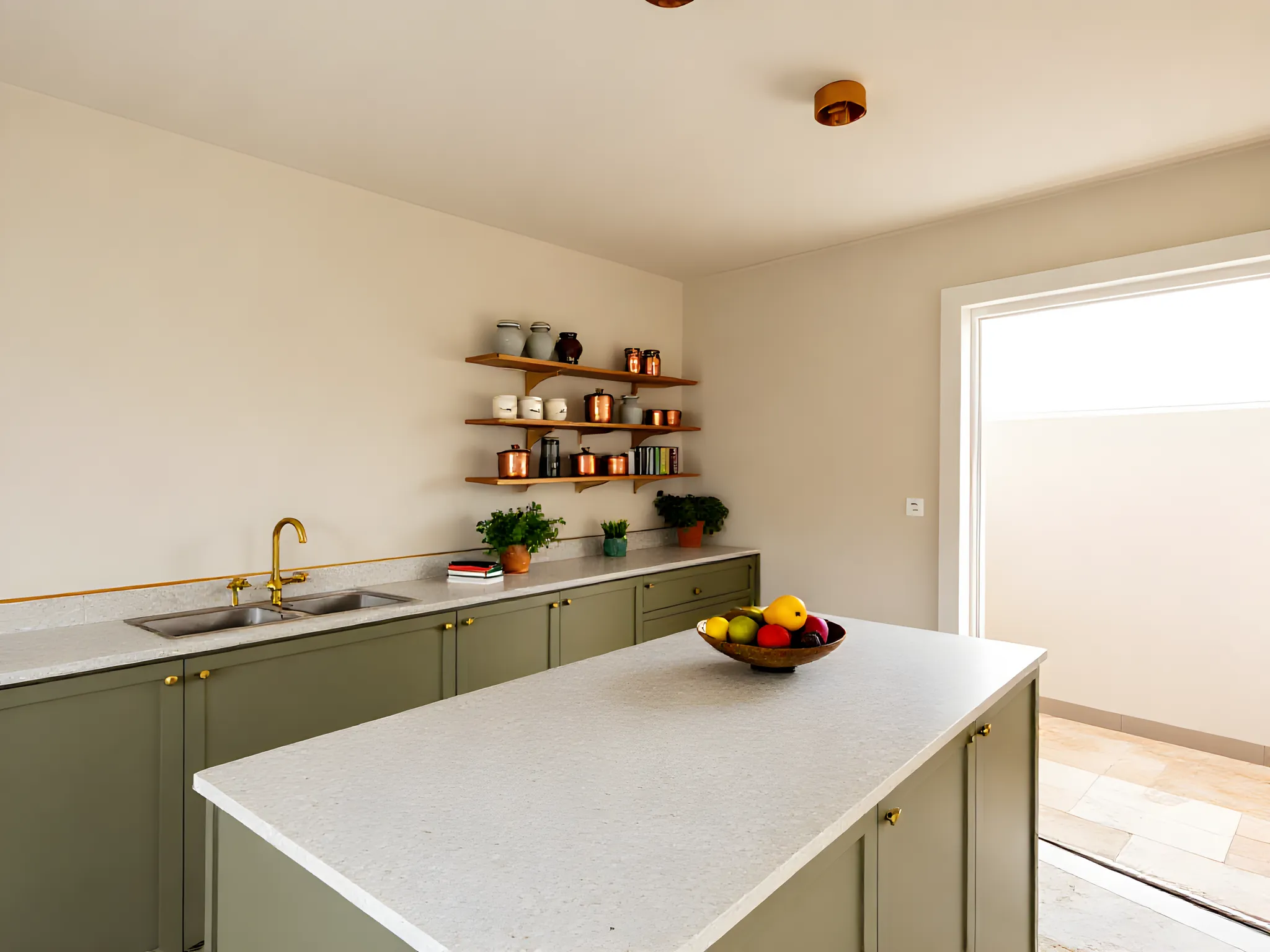 A kitchen generated by Coreframe Studio from a floor plan: sage-green cabinets and a stone-topped island (generated image)